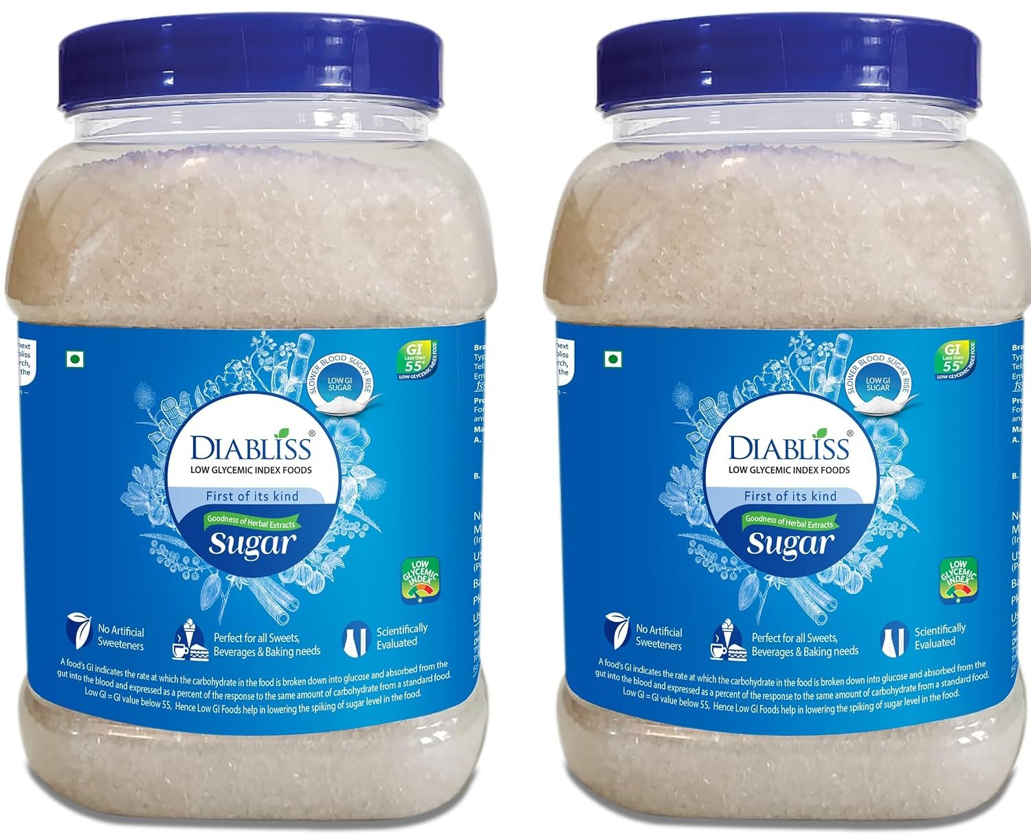 Diabliss Low GI Herbal Sugar 1kg (Pack of 2) | 17-Herb Fortified Cane Sugar | Clinically Tested Low Glycemic Index | No Artificial Sweeteners | No Aftertaste | Easy 1:1 Sugar Replacement for Tea, Coffee, Cooking & Baking