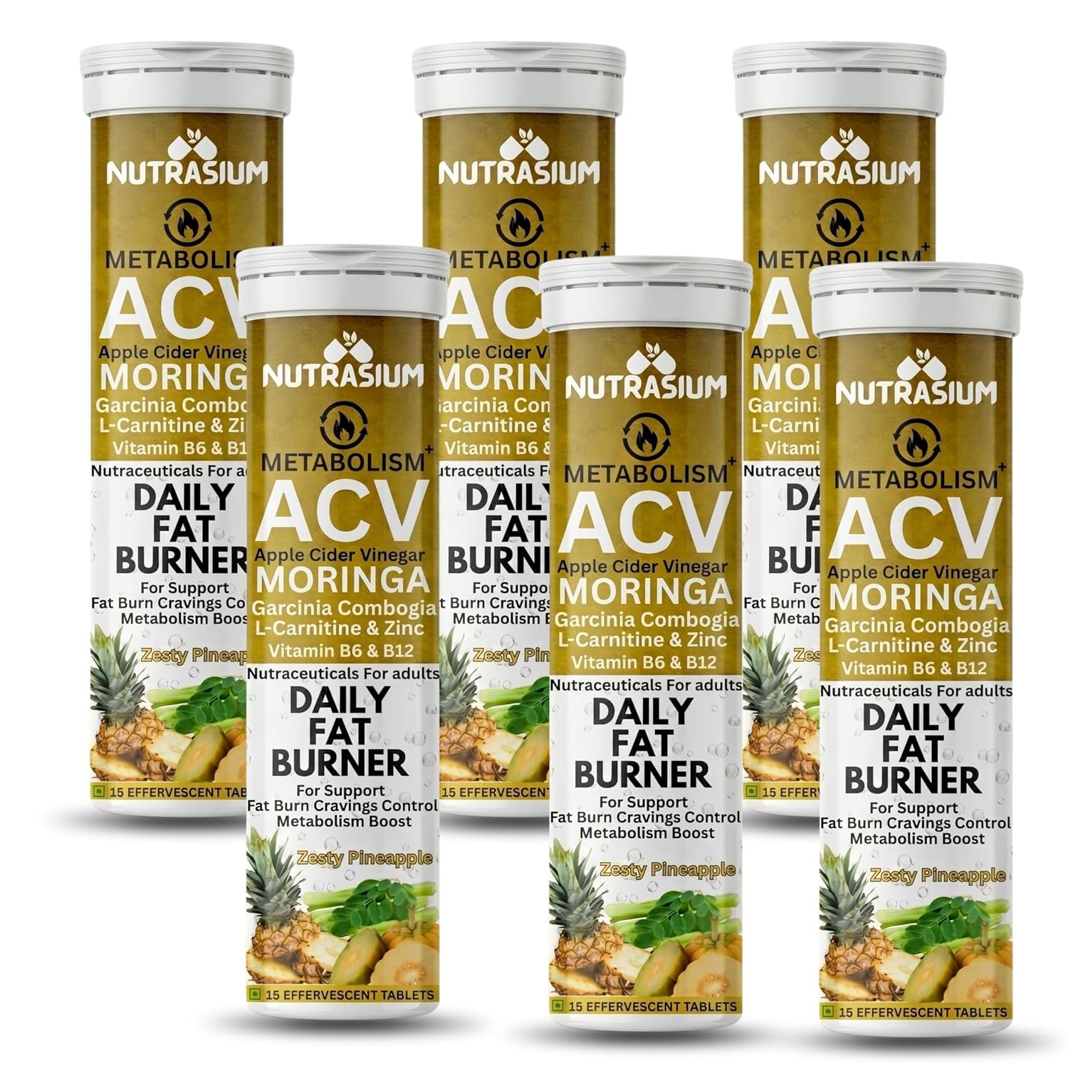 Nutrasium ACV Moringa Metabolism Plus | Apple Cider Vinegar Effervescent Tablet | For Supports Weight Loss, Control Cravings, Convert Fat Into Energy, Boost Energy & Immunity | 90 Tablets Pineapple
