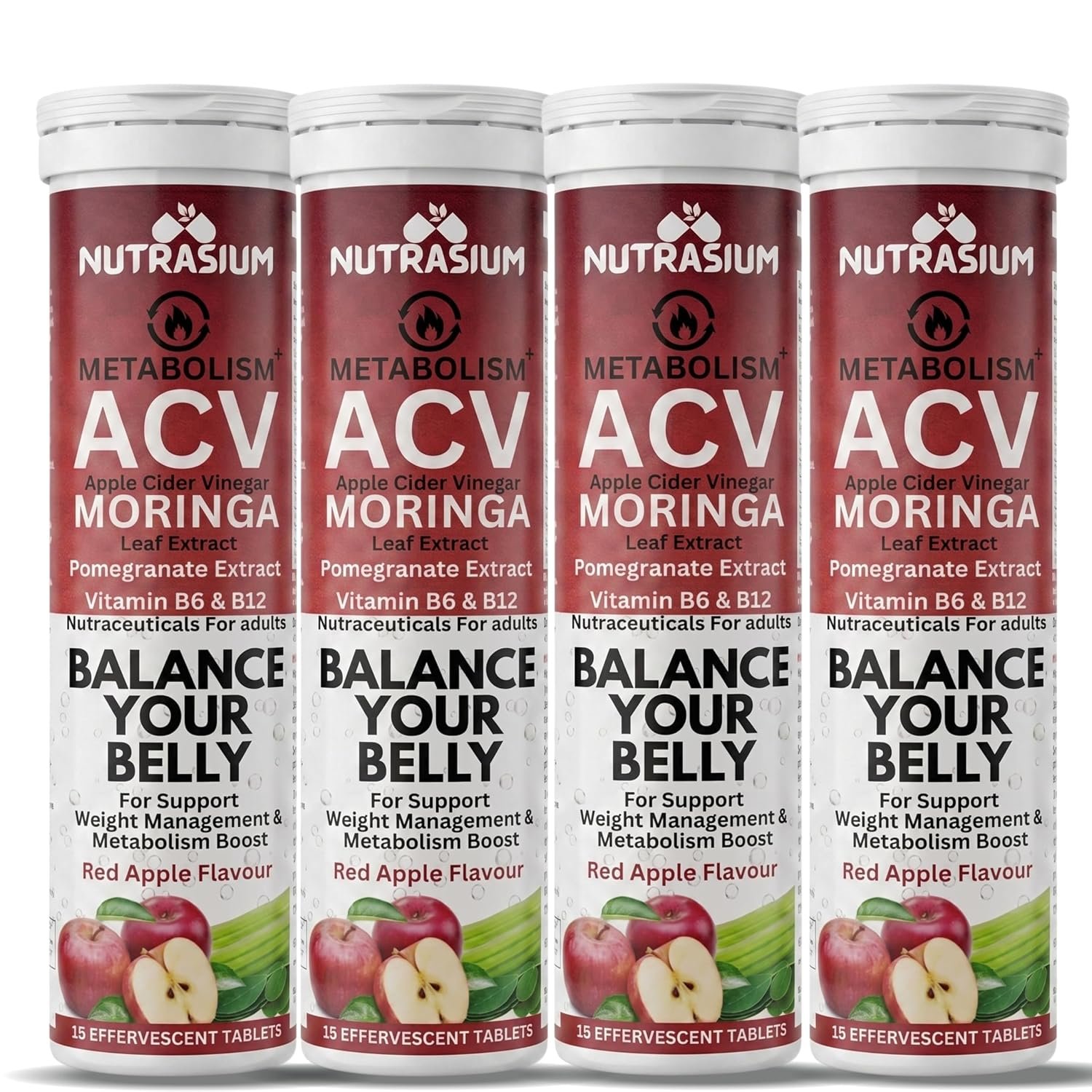 Nutrasium ACV Moringa Metabolism Plus | Apple Cider Vinegar Effervescent Tablet | For Supports Weight Loss, Control Cravings, Convert Fat Into Energy, Boost Energy & Immunity | 60 Tablets Red Apple